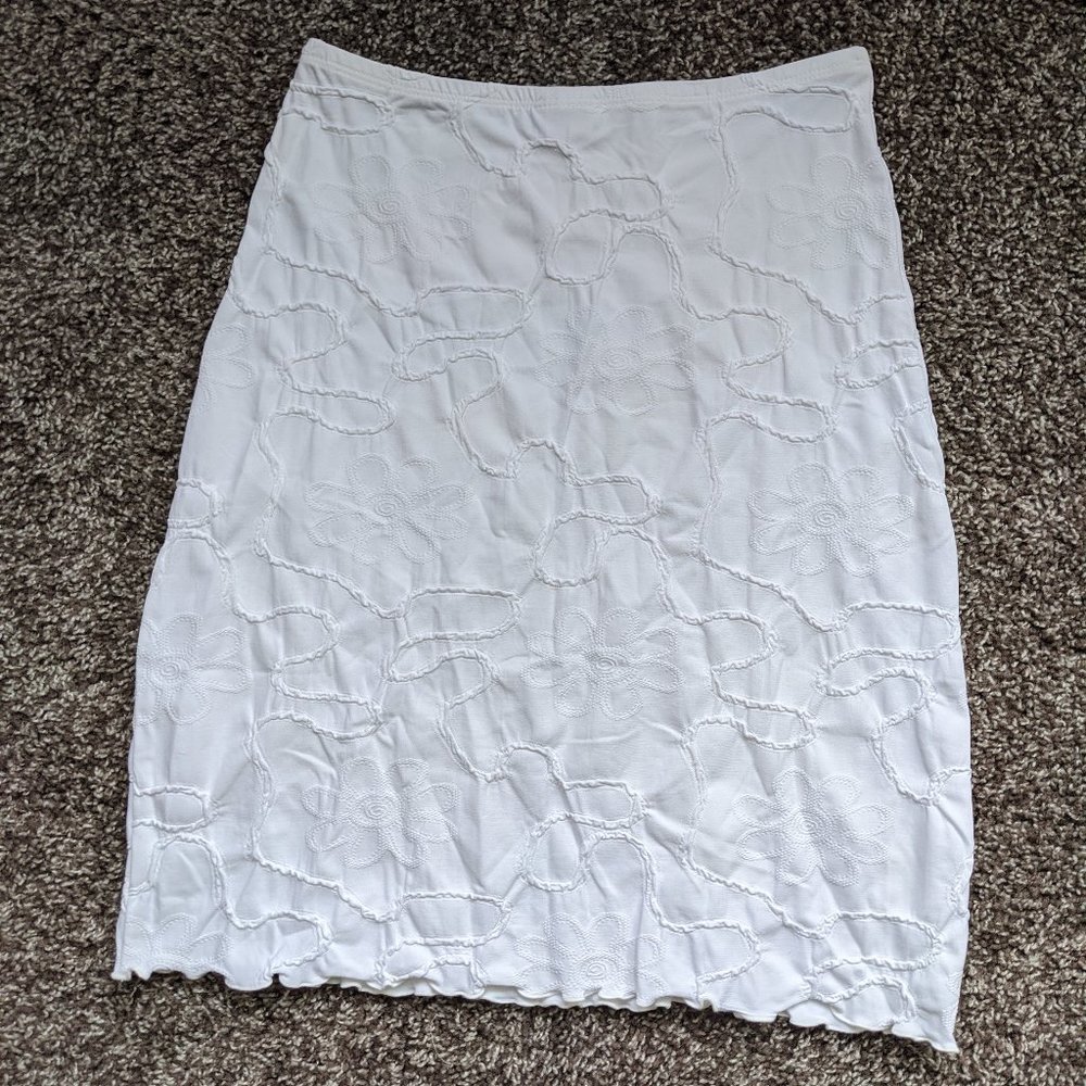 White Stretch Skirt with Floral Stitch Detail